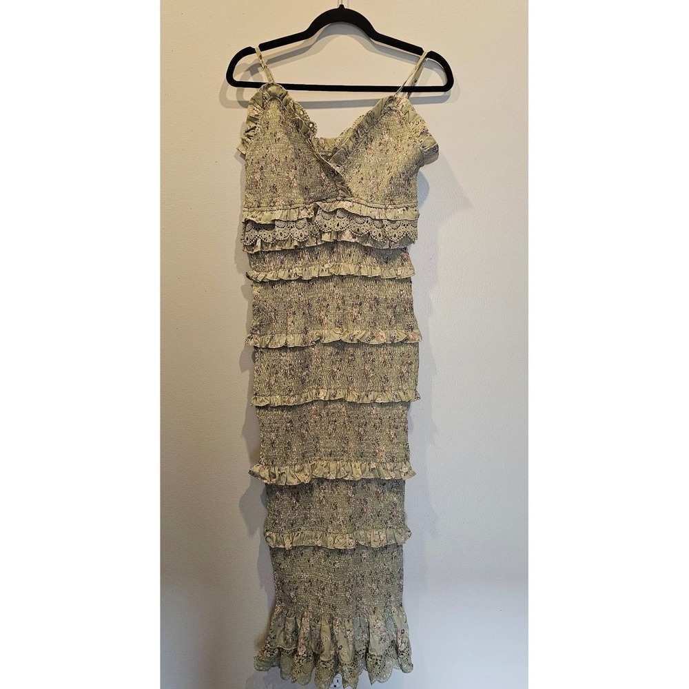 Mable Sage Green Floral Smocked Tiered Midi Dress Lace Trim MD3661 Womens Large